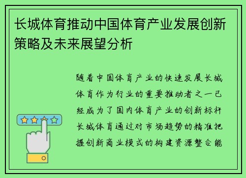长城体育推动中国体育产业发展创新策略及未来展望分析